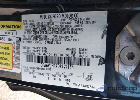 2013 Ford Fusion Se из США, поврежденный, VIN 3FA6P0HR7DR124156